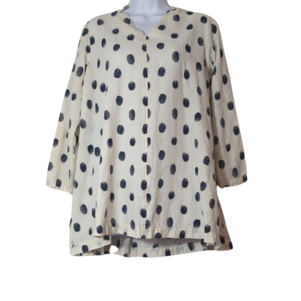 Pual Ce Cin Womens B&W Polkadot Lightweight Breathable Casual Lagenlook Blouse